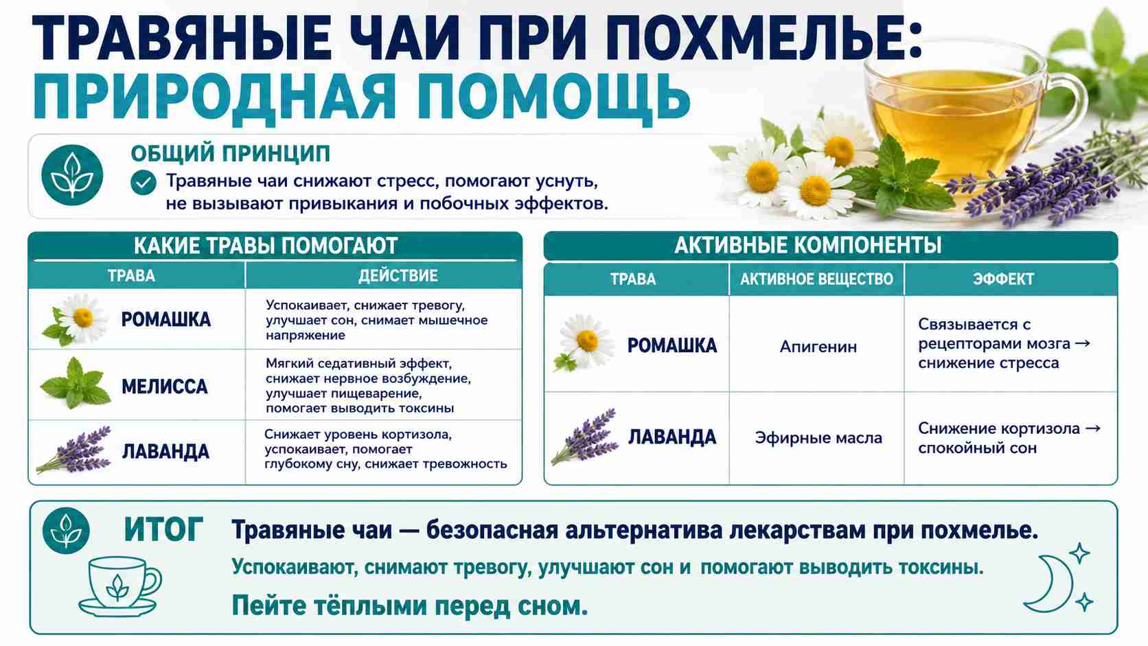 Инфографика о пользе травяных чаев при похмелье